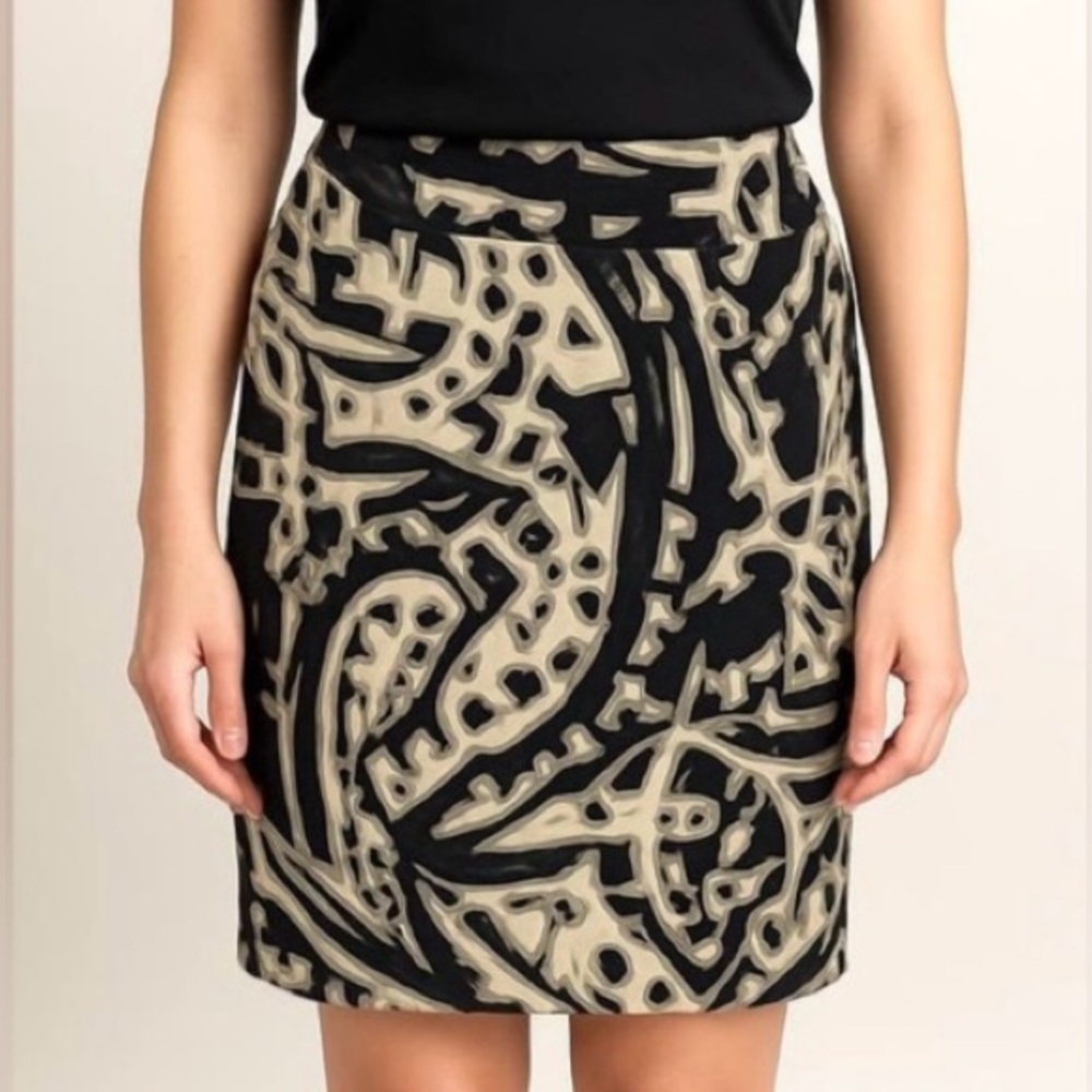 Alfani Black Tan Paisley Abstract Print SZ 16 Whimsigoth Boho Modern Retro Skirt